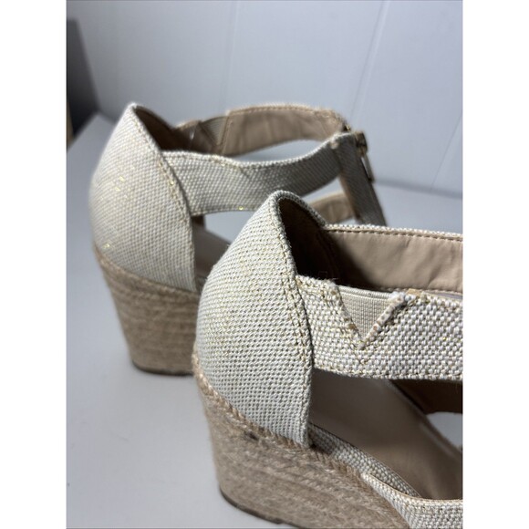 Wedge Platform Sandals Nude Tan Peep Toe Espadrille Dressy Gold Zip Sz 7 NWOT - Picture 15 of 16